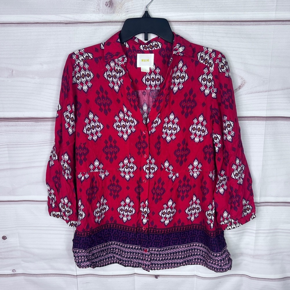 Maeve Top Womens 10 Red Purple Geometric Blouse Button Up 3/4 Sleeve Colorful